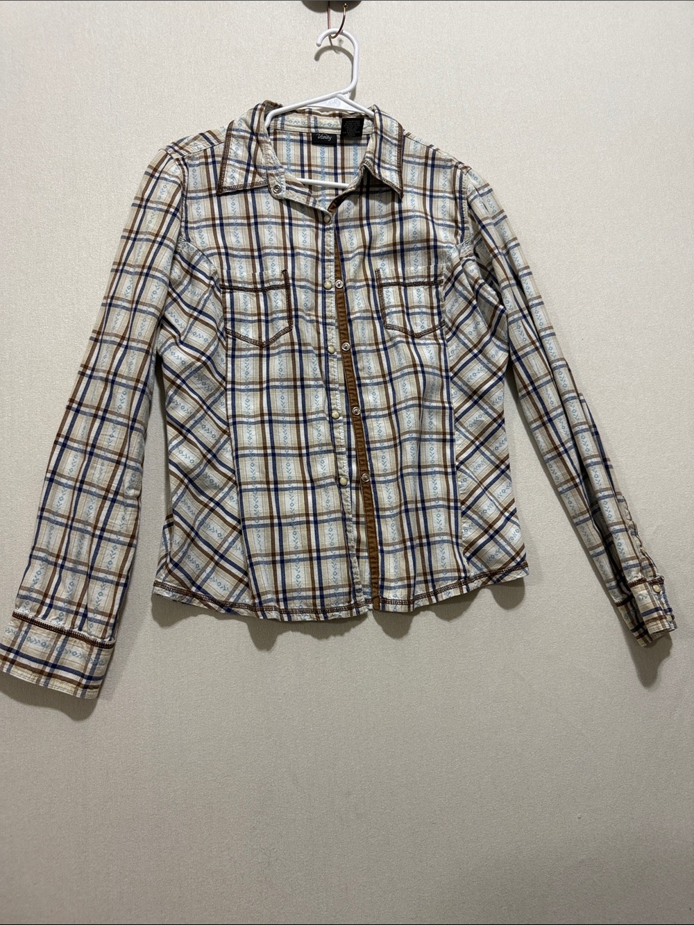Vanity Plaid Button-Down Shirt in White, Brown, and Blue